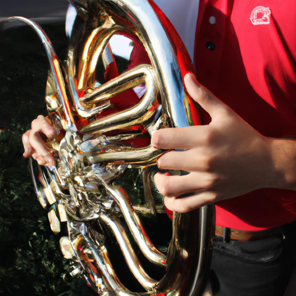 Person playing French horn instrument